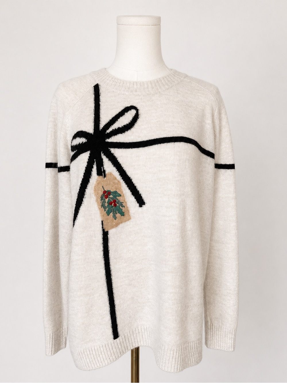 LOFT Holiday Bow Holly Gift Tag Sweater Small Cream Black Christmas Coquette